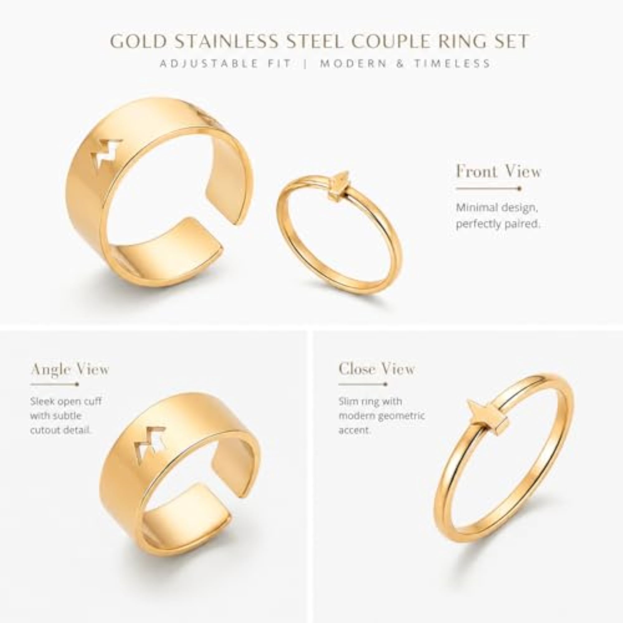 Trendy Gold Stainless Steel Couple Finger Adjustable Ring Set, Unisex