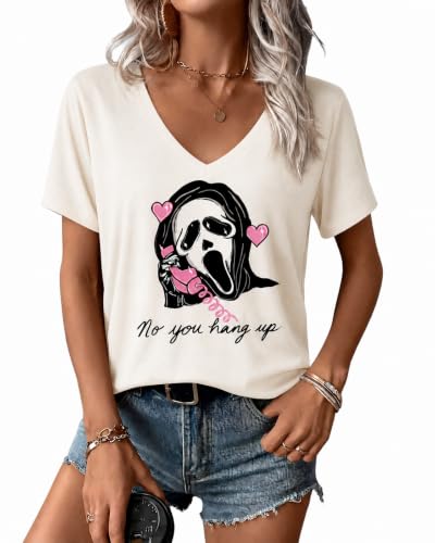 essential cocoon Women's Halloween Spooky Cat Graphic V Neck Tee,L