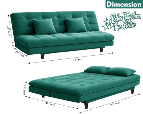 Image of Rosebell Modern Wooden 3-Seater Sofa Cum Bed Foldable Velevt Fabric Sofa for Living Room, Guest Room & Office-Green-Color