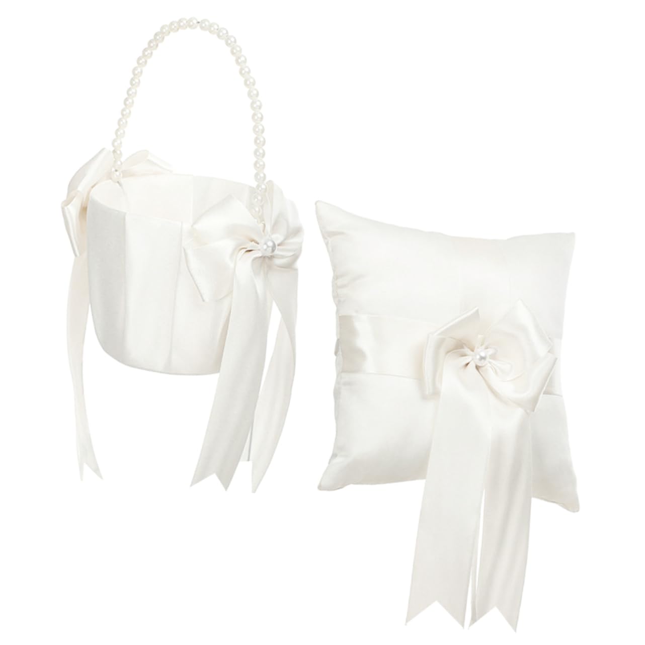 MUCKLILY 1 Set Elegant Wedding Ring Pillow and Flower Basket Pearl Inlaid Petal Design for Flower Girl for Weddings Engagements Anniversaries Romantic Decorative Accent