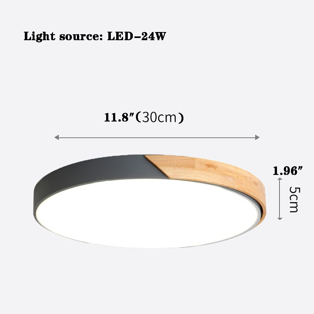 Nowoczesna lampa sufitowa LED, jasnoszare drewno, 24 W, 30 cm (12 cali), możliwość ściemniania, do salonu lub sypialni.