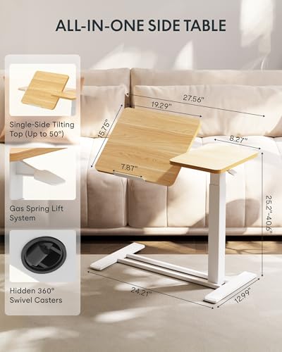 Image of FLEXISPOT Adjustable Height C-Shaped End Table with Single-Side Tilting Top, Mobile Side Table for Sofa & Bedside, Slides Under Furniture, Hidden Wheels for Small Spaces, 27.6 inch W x 15.7 inch D, Maple