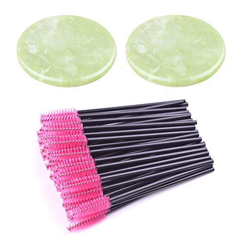 Eyelash Extension Jade Stone, WXJ13 2 Pack Glue Pallet Adhesive Eye Lash Base 2 Inch with 50 Pieces Eyelash Brushes