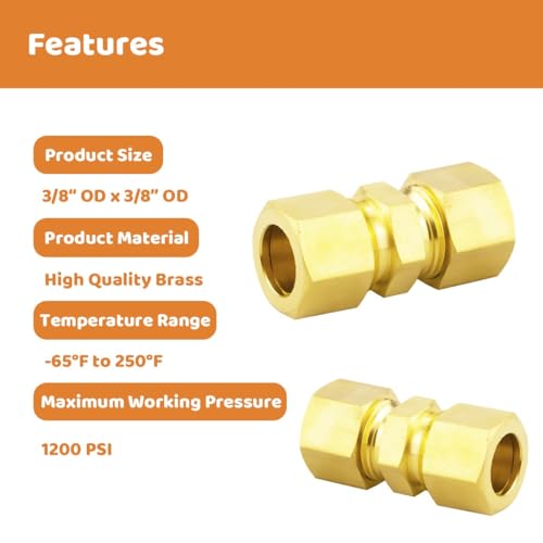 Besosay 3/8 INCH COMPRESSION FITTING 3-Piece) Besosay 3/8 Inch Od X 3/8 Inch Od Brass Compression Union Tube Fittings Connectors For Air Compressor, 3/8 Inch Od X 3/8 Inch Compression Union Straights thumb #3