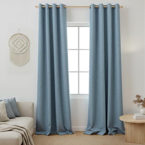 Image of 100% Blackout Linen Textured Curtains for Bedroom Full Light Blocking Room Darkening Bronze Grommet Window Drapes Thermal Insulated Energy Efficient Home Decor 52x102 Stone Blue (2 Panels)