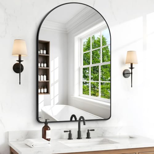 Image of BONEWEI Arched Wall Mirror,32x48 inch Black Arched Mirror Bathroom,Large Vanity Mirror for Over Sink Metal Frame,Tempered Glass Arch Mirrors for Bedroom,Entryway,Living Room,Home Decor Shatter-Proof