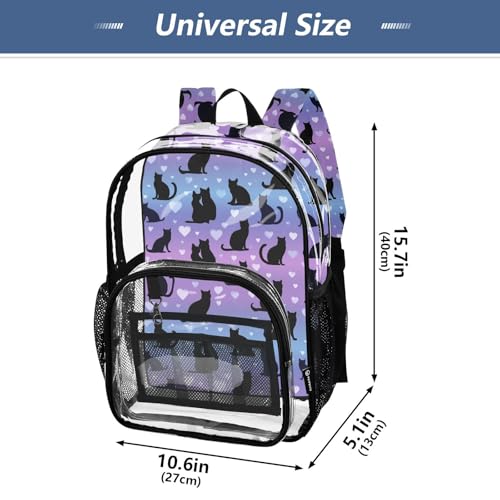 Kids PVC Clear Backpack Black Cat Blue Purples Heart Heavy Duty Multi-pockets Large Capacity Transparent See Through Bookbag for School Travel Sport Work4