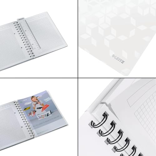 Leitz WOW Collegeblock A5 kariert, 160 Seiten, 80 Blatt FSC-zertifiziertes Papier 80 g/m², Doppelspiralbindung, PP-Einband, Notizbuch mit Sichthülle und Lineal, Für Büro oder Schule, Weiß, 46410001