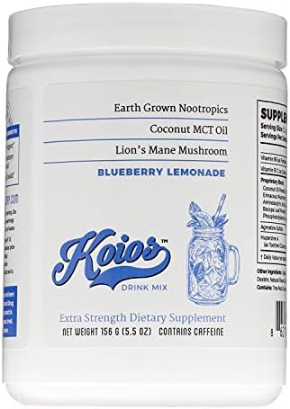 KOIOS - Extra Strength Nootropic Powder, Enhance Brain Function, Improve Memory & Productivity, Contains Lion’s Mane & Chaga Mushroom, MCT Oil, 100mg Caffeine (5.5 oz) (Blueberry Lemonade)