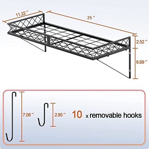 Image of Craft Expertise Wall-Mounted Pot & Pan Rack - Heavy-Duty 25 inch x 10 inch x 5 inch Metal Cookware Organizer with 10 Hooks | Space-Saving Hanging Shelf for Saucepans & Utensils - Black