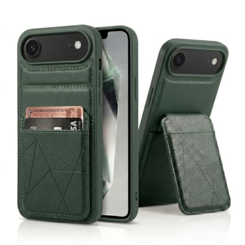 Image of amazon basics Premium Vegan Leather Back Cover with Card Holder and Integrated Mobile Stand for iPhone 17 Air - Slim Shockproof Wallet Case with Geometric Stitching [Green]