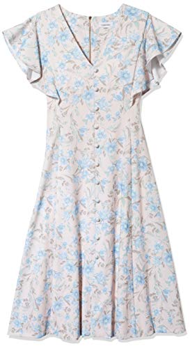Calvin Klein Women's Flutter Sleeve V-Neck Midi with Button Front Detail Dress, Blossom Multi, 10