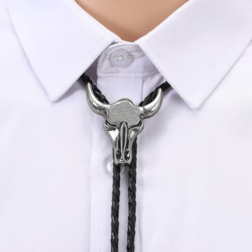 Image of Joxevyia Bolo Tie for Men Vintage Cow Skull Leather Rope Western Cowboy Necktie Vintage Bola Tie Gift for Him