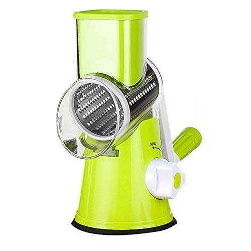 Veggie Quick - Grattugia per formaggio manuale, rotary verdure, frutti Shredder Tamburo con 3 lame in acciaio inossidabile rotary e ventosa per piedi, colore: Verde