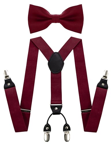 JEMYGINS Herren Hosenträger mit Vier Clips und Elastischem Rückenband inklusive Fliege Set,Weinrot