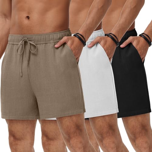 Neer 3 Pack Mens Linen Shorts Casual Lightweight Elastic Waist Drawstring Summer Shorts with Pockets(Black Dark Khaki White L)