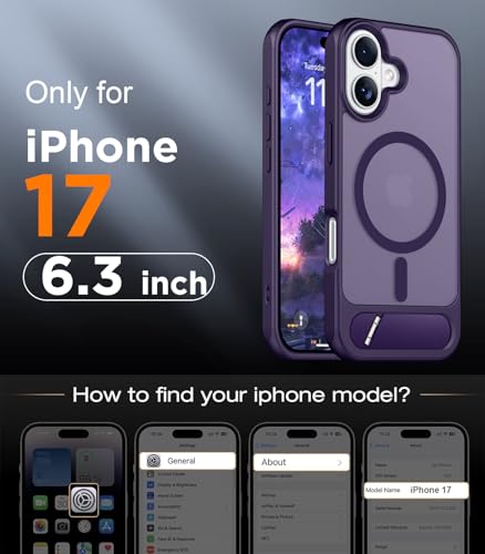 Image of Designed for iPhone 17 Case, [Built-in Invisible Kickstand][Compatible with MagSafe][Military Grade Shockproof] Slim Translucent Matte Phone Case 6.3 inch (Purple)