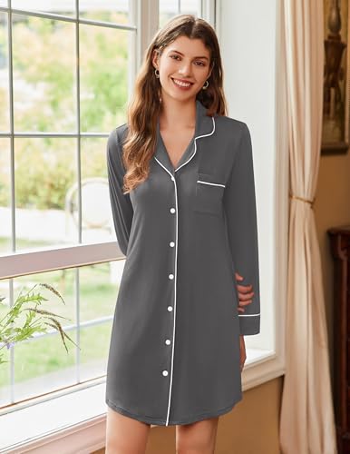 Image of Ekouaer Nightgowns for Women Long Sleeve Night Gown Button Pajama Dress