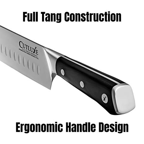 Cutluxe Santoku Knife - 7 Inch Kitchen Knife Forged of High Carbon German Steel - Ergonomic Pakkawood Handle - Full Tang Razor Sharp Blade for Dicing, Mincing and Chopping