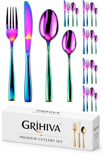Image of 24 Pcs Rainbow Mirror Polish Stainless Steel Cutlery Set for Dining Table with Spoons and Forks Set + Butterknives - The Perfect Tableware /Flatware