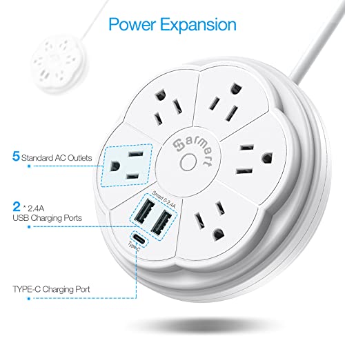 Retractable Power Strip, 5 Outlet Flat Plug Strip With Smart Usb Ports And Type-C Port, 900J Surge Protector, 125V/13A, 3.3Ft Retractable Extension Cord, Portable & Neat For Travel/Home/Office, White #TOP1