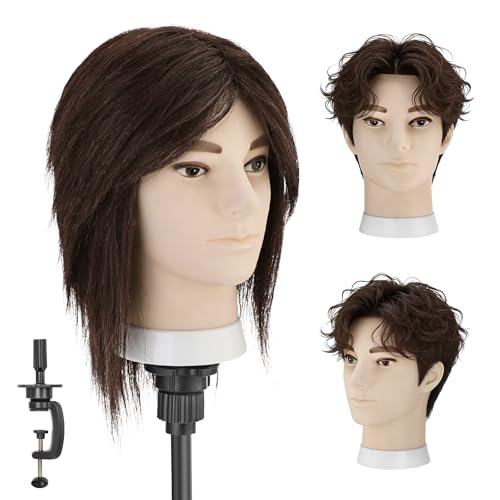 TwoWin 13 pouces (33 cm) Tete a Coiffer Professionnel Homme 100% Cheveux Naturels Humains, Tete Maleable Coiffure, Tête de Mannequin Homme, Tête D’exercice...