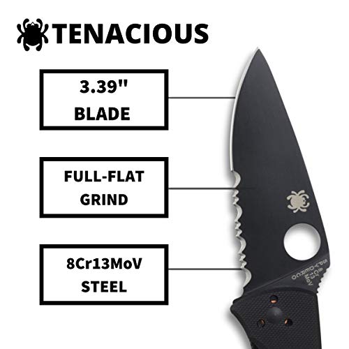 Spyderco Tenacious Folding Utility Pocket Knife With 3.39" Black Stainless Steel Blade And Durable G-10 Handle - Everyday Carry - Combinationedge - C122Gbbkps #TOP2