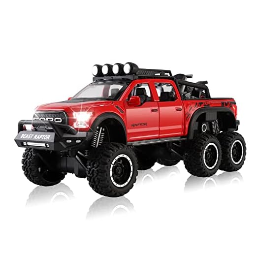 MYJJTYS Toy Pickup F150 six-Wheel (Length 8.6 inch) Metal die-cast Model car Sound and Light with Motorcycle Toy car 3 4 5 6 7 8 9 10 11 12 Year Old boy Toy (Red)
