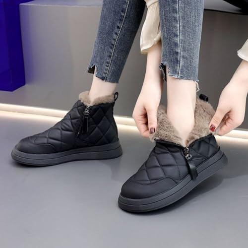 Women's Flat Ankle Boots, Side Zipper Plush Lined Snow Boots, Winter Warm Outdoor Shoes (Black,US 6)3