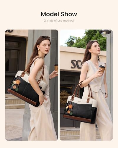Image of LOVEVOOK Laptop Bag for Women, Vintage Work Tote, Teacher Bag with Pendant | Fits 15.6 Inch Laptop, Magnetic Front Pockets, fits for Large Bottle Pockets, Flower Pendant, Fashion Work Purse