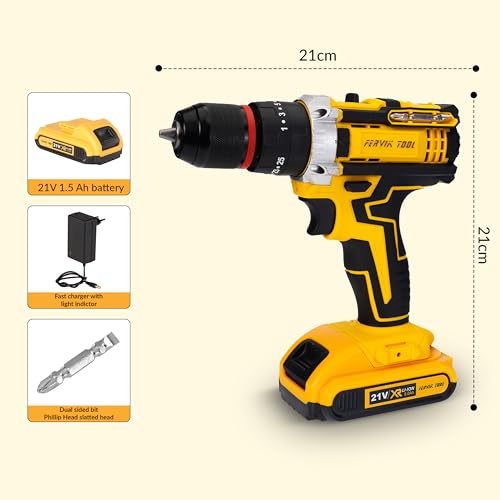 Image of Cordless Drill Driver, 21V Li-ion Battery, 0.8-10mm Keyless Chuck, LED Light, Variable Speed, TPR Grip || With Warranty || Two-speed settings with variable speed trigger for precise control.