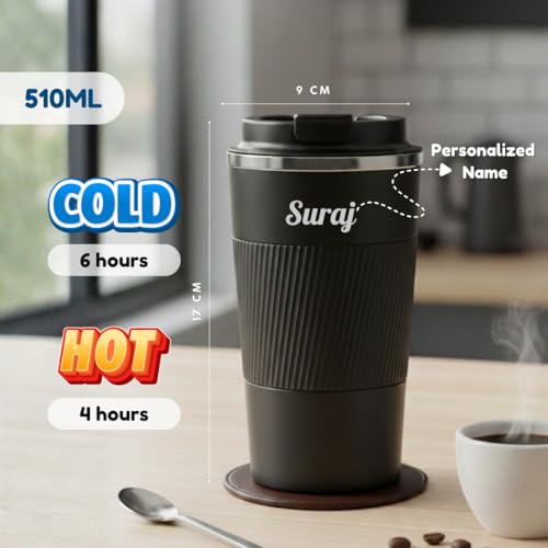 Image of Giftana 3 in 1 Personalized Tumbler with Coffee Mug 180ml & 2 Coasters - Customized Gift Set for Men & Women, Ideal for Husband, Father, Corporate Gifts for Employee (Black)