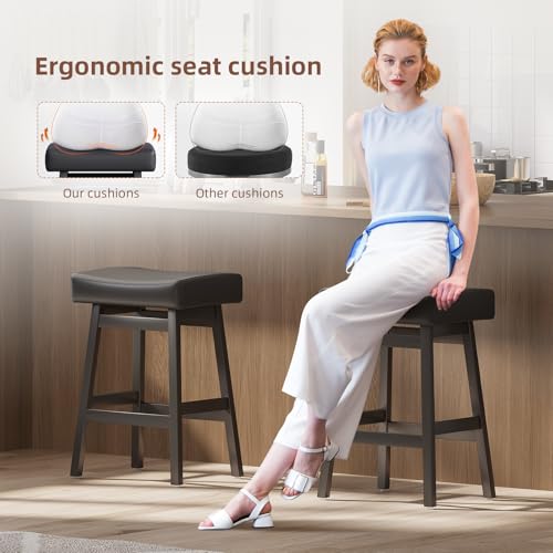 Butacos de altura para barra de 26 pulgadas, juego de 2 unidades, sin respaldo, asiento tipo silla de montar con tapizado en cuero sintético, estilo moderno para isla de cocina, comedor o bar en casa (Negro) miniatura 3