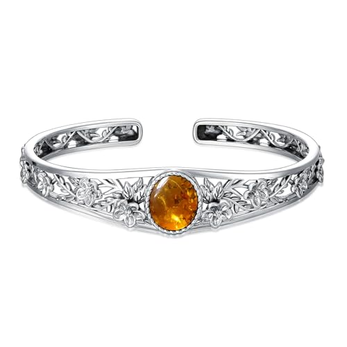 DOLIOX Genuine Amber Cuff Bracelet for Women, Sterling Silver Western