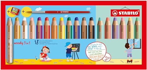 STABILO - Buntstift, Wasserfarbe & Wachsmalkreide - woody 3 in 1-18er Pack mit Spitzer und Pinsel - 12 Standard und 6 Pastellfarben
