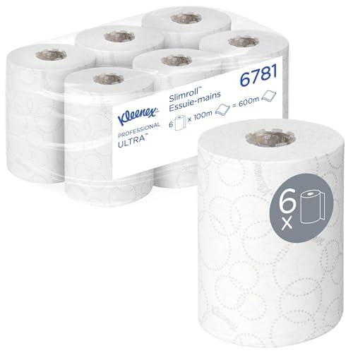 Kleenex Ultra Slimroll Papel Secamanos 6781, Suave, Absorbente y Eficiente, Papel Secamanos Blanco, Compatible con Dispensador Aquarius, 6 Rollos de 100 m Cada Uno, 2 Capas
