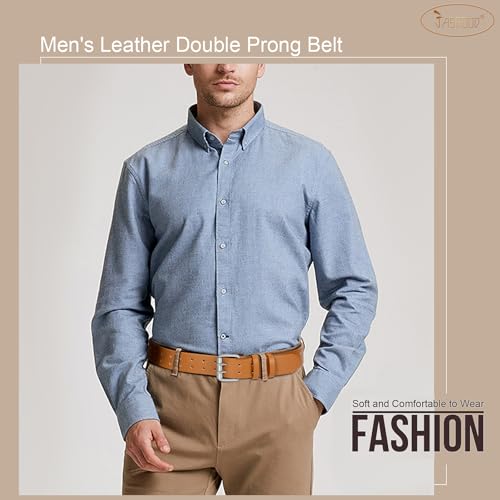 Image of JASGOOD Men Double Prong PU Leather Belt Casual Work Heavy Duty Belt Double Grommet Holes Belt for Jeans