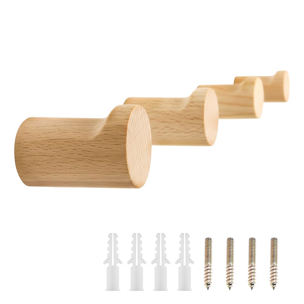 Carpjz 4* Horseshoe-Shaped Beech Wood 4Pcs Wall Hooks, Natural Wall Mounted Wood Coat Hook With Screws For Hanging Clothes Hat Towel Robe Bag