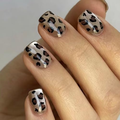 Image of Leopard Print Nail Press ons Glitter Press on Nails Short Square Fake Nails | Fall Winter False Nails with Brown Black Design Reusable Shiny Glossy Full Cover Stick on Nails for Women Cool Manicure 24Pcs