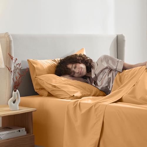 Image of Nestl Split King Bed Sheet Set - Light Orange - 5-Piece Deep Pocket | Instantly Soft, Night-One Ready (No Wash Required). Fits 16-Inch Deep Pockets, 360-Degree Elastic Grip