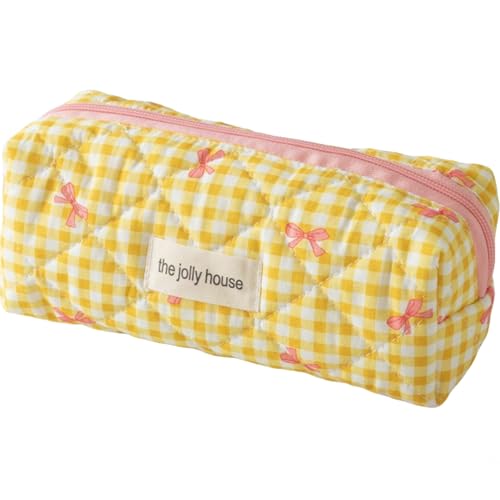 Image of Carry bloom Pencil Pouch Cute Pencil Case for Girls Aesthetic Pencil Bag with Zipper Pen Cases School Supplies Makeup Bag (Checkered bow yellow)