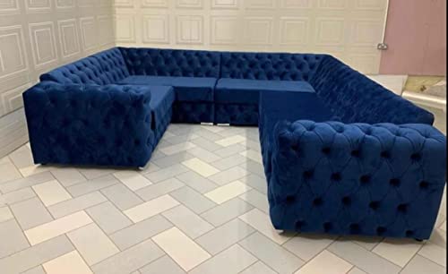 Lujoso sofá esquinero moderno de felpa azul de 5 plazas con tapicería de terciopelo, sofá Ashley Chesterfield para sala de estar, sofás elegantes y cómodos
