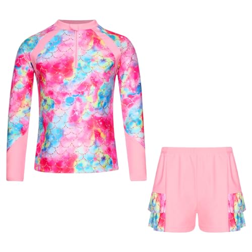 Moily Girls Floral Print Rash Guard Set Long Sleeve Swim Top with Board Shorts Sun Protective Swimsuit for Kids3