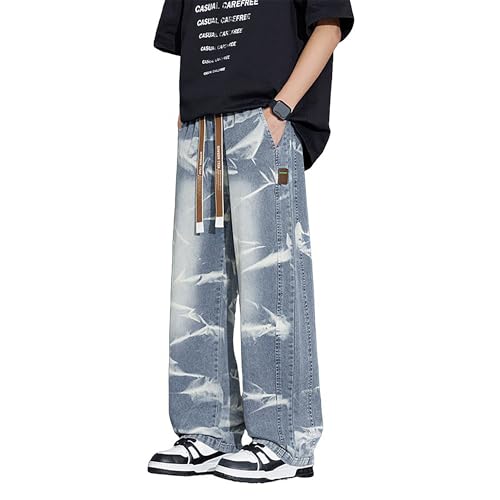 Men's Japanese Street Vintage Cargo Blue Jeans Baggy Wide Leg Jogger Pants Mens Tie Dye Fashion Drawstring Pants