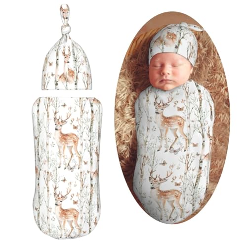 Image of Cute Deer Animal Woodland Swaddle Blanket with Beanie Hat Set Newborn Swaddle Wrap Soft Baby Receiving Blankets Baby Swaddle Blanket for Baby Boys and Girls