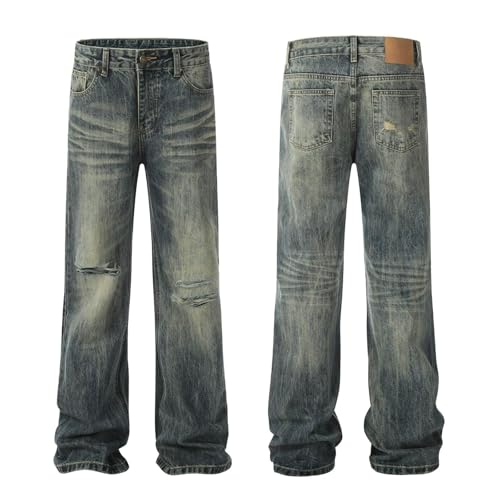 Jeans Pants Trousers Denim Street Trendy Retro Washed Blue Tear Hole Casual Commuter Straight Leg for Men3