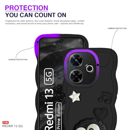 Image of AESTMO Back Case Cover for Redmi 13 5G | 3D Cute Fun Cartoon Characters | Anti Slip Grip Cute Wave Curly Frame Shape | Full Body Protection | Camera Protection Back Cover for Redmi 13 5G (Black)
