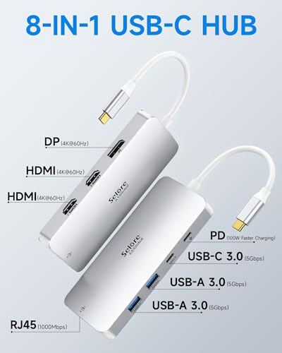 Image of USB C Docking Station Dual Monitor, Selore Docking Station 3 Monitors Triple 4K Display with 2 HDMI, DisplayPort, 1 Gbps Ethernet, 100W PD Charging, USB 3.0 Ports Adapter for Dell, HP, etc(Silver)