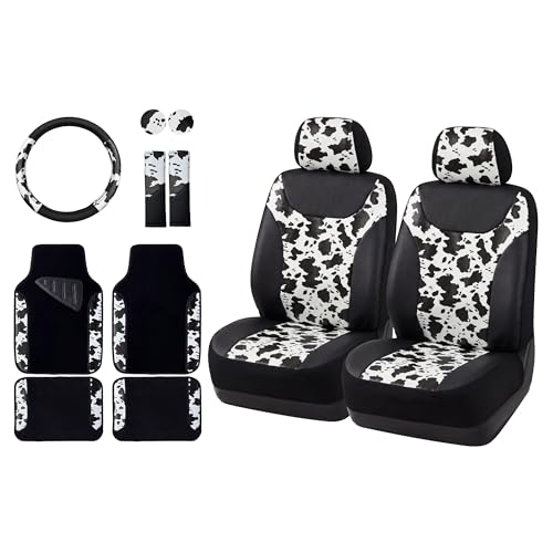 Image of AUTOFAN Cow Print Car Seat Covers Full Set, PU Leather Interior Combo with 2 Front Seat Covers, 4 Floor Mats, Steering Wheel Cover, Seat Belt Pads & Cup Holder Coasters, Universal Fit