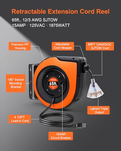 Treewell 65Ft Retractable Extension Cord Reel thumb #1